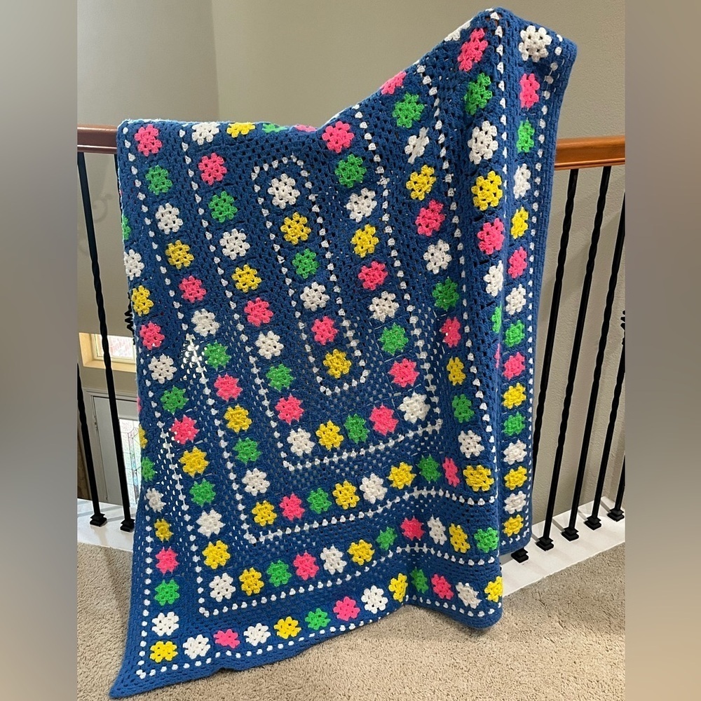 VINTAGE GRANNY SQUARE CROCHET BLANKET, AFGHAN, HANDMADE, BLUE MULTICOLORED 60x72